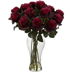Nearly Natural Blooming Roses 18"H Artificial Floral Arrangement With Vase, 18"H x 13"W x 13"D, Red