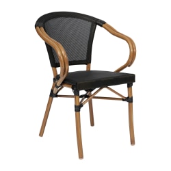 Flash Furniture Marseille Indoor/Outdoor Commercial Bistro Stacking Chair with Arms, Textilene and Bamboo Print Aluminum Frame, Black/Natural Frame
