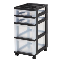 Iris® Plastic 4-Drawer Rolling Storage Cart, 26 7/16"H x 12 1/8"W x 14 15/16"D, Clear/Black