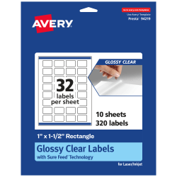 Avery® Glossy Permanent Labels With Sure Feed®, 94219-CGF10, Rectangle, 1" x 1-1/2", Clear, Pack Of 320