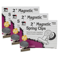 Charles Leonard Magnet Spring Clips, 2", Silver, 12 Clips Per Box, Pack Of 3 Boxes