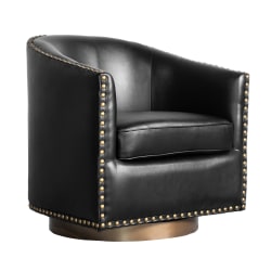 Flash Furniture Myles Club Style Commercial Barrel Accent Armchair with 360° Swivel Metal Base and Upholstery with Decorative Nail Head Trim, Black