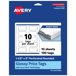 Avery® Print-To-The-Edge Price Tags With Sure Feed® Technology, 1-1/2"x3" Rectangle Rounded, Glossy White, Pack Of 100, 95387GWT10