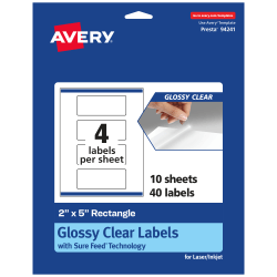 Avery® Glossy Permanent Labels With Sure Feed®, 94241-CGF10, Rectangle, 2" x 5", Clear, Pack Of 40