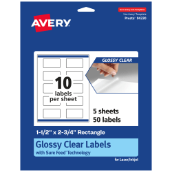 Avery® Glossy Permanent Labels With Sure Feed®, 94230-CGF5, Rectangle, 1-1/2" x 2-3/4", Clear, Pack Of 50