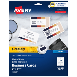 Avery® Clean Edge® Printable Business Cards With Sure Feed Technology, 2" x 3-1/2", White Linen Textured, Pack Of 200 Blank Cards For Inkjet Printers
