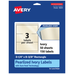 Avery® Pearlized Permanent Labels With Sure Feed®, 94251-PIP50, Rectangle, 3-1/4" x 8-3/8", Ivory, Pack Of 150 Labels