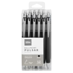 Office Depot® Brand Pulsar Advanced Ink Ballpoint Pens, Conical/Medium Point, 0.8 mm, Black Barrels, Black Ink, Pack Of 12