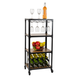 Mind Reader Woodland Collection Rolling 4-Tier Cart with Stemware Rack and Wine Rack, 39" H x 12" W x 17-357/20" D, MFD and Metal, Black