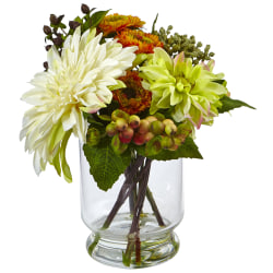 Nearly Natural Mixed Dahlia And Mum 10-1/2"H Plastic Floral Arrangement With Glass Vase, 10-1/2"H x 9-1/2"W x 7-1/2"D, White/Orange