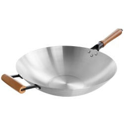 Oster Sangerfield Stainless Steel Flat Bottom Wok With Wooden Handles, 14", Silver/Brown