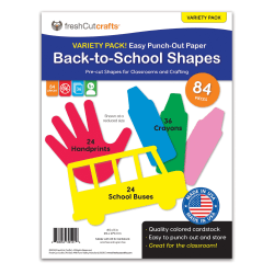 FreshCut Crafts Punch Out Paper Cutouts, Back to School Shapes, Handprints, Crayons & School Bus, 84 Pieces