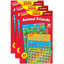 Trend SuperSpots Stickers, Animal Friends, 2,500 Stickers Per Pack, Set Of 3 Packs