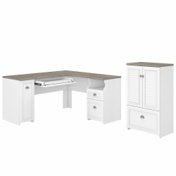 Bush Furniture Fairview 60"W L-Shaped Desk And 2-Door Storage Cabinet With File Drawer, Shiplap Gray/Pure White, Standard Delivery