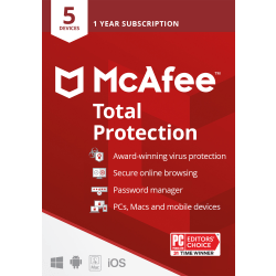 McAfee® Total Protection, For 5 Devices, Antivirus Security Software, 1-Year Subscription, Product Key
