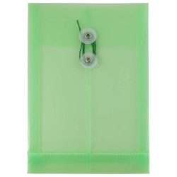 JAM Paper® Open-End Plastic Envelopes, 6 1/4" x 9 1/4", Button & String Closure, Classic Lime Green, Pack Of 12