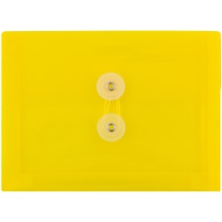 JAM Paper® Index Booklet Plastic Envelopes, 5 1/2" x 7 1/2", Button & String Closure, Yellow, Pack Of 12