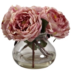 Nearly Natural Fancy Rose 8"H Artificial Floral Arrangement With Vase, 8"H x 8-1/2"W x 8-1/2"D, Pink