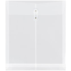 JAM Paper® Open-End Plastic Envelopes, Letter-Size, 9 3/4" x 11 3/4", Button & String Closure, Clear, Pack Of 12