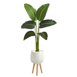 Nearly Natural Traveler’s Palm 60"H Artificial Plant With Stand Planter, 60"H x 17"W x 15"D, Green/White