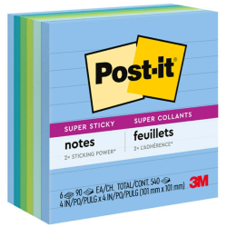 Post-it Recycled Super Sticky Notes, 4 in x 4 in, 6 Pads, 90 Sheets/Pad, 2x the Sticking Power, Oasis Collection, Lined