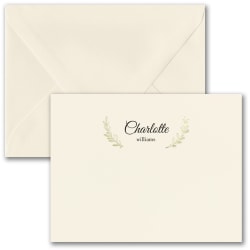 Custom Premium Stationery Flat Note Cards, 5-1/2" x 4-1/4", Leaf Cradled Name, Ecru-Ivory, Box Of 25 Cards