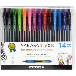 Zebra® Pen SARASA® Retractable Gel Pens, Pack Of 14, Medium Point, 0.7 mm, Clear Barrel, Assorted Ink Colors