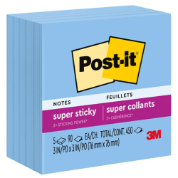 Post-it Super Sticky Notes, 3 in x 3 in , 5 Pads, 90 Sheets/Pad, 2x the Sticking Power, Sapphire Blue