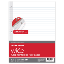 Office Depot® Brand Reinforced Filler Paper, 8" x 10 1/2", 16 Lb, Wide Ruled, White, Pack Of 100