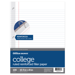 Office Depot® Brand Reinforced Filler Paper, 8" x 10 1/2", College Ruled, White, Pack Of 100