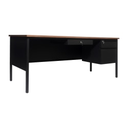 Flash Furniture Cambridge Commercial Grade Single Pedestal 70"W x 30"D Desk with Locking Drawers and Metal Frame, Walnut