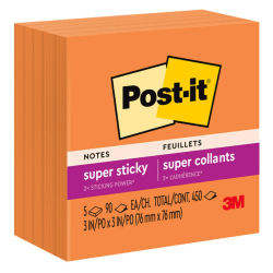 Post-it Super Sticky Notes, 3 in x 3 in, 5 Pads, 90 Sheets/Pad, 2x the Sticking Power, Neon Orange