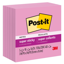 Post-it Super Sticky Notes, 3 in x 3 in, 5 Pads, 90 Sheets/Pad, 2x the Sticking Power, Tropical Pink