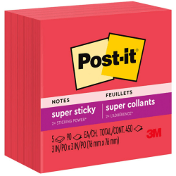 Post-it Super Sticky Notes, 3 in x 3 in, 5 Pads, 90 Sheets/Pad, 2x the Sticking Power, Candy Apple Red