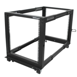 StarTech.com 12U Adjustable Depth Open Frame 4 Post Server Rack w/ Casters / Levelers and Cable Management Hooks - Store your servers, network and telecommunications equipment in this adjustable 12U rack - 12U Adjustable Depth Open Frame 4 Post Serve