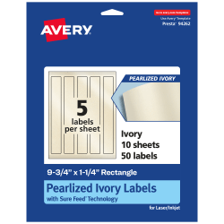 Avery® Pearlized Permanent Labels With Sure Feed®, 94262-PIP10, Rectangle, 9-3/4" x 1-1/4", Ivory, Pack Of 50 Labels