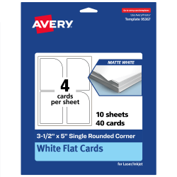 Avery® Print-To-The-Edge Flat Cards, 3-1/2"x5" Rectangle Single Rounded Corner, Matte White, Pack Of 40