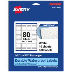 Avery® Waterproof Permanent Labels With Sure Feed®, 94203-WMF10, Rectangle, 1/2" x 1-3/4", White, Pack Of 800