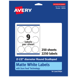 Avery® Permanent Labels With Sure Feed®, 94516-WMP250, Round Scalloped, 2-1/2" Diameter, White, Pack Of 2,250