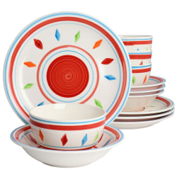 Gibson Home Heidy 12-Piece Hand-Painted Durastone Dinnerware Set, Red/Multicolor