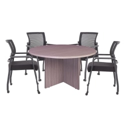 Boss Office Products 47" Round Table And Mesh Guest Chairs With Casters Set, Driftwood/Black