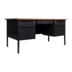 Flash Furniture Cambridge Commercial Grade Double Pedestal 60"W x 30"D Desk with Locking Drawers and Metal Frame, Walnut