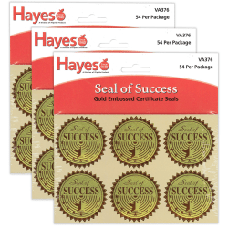 Hayes Publishing Gold Foil Embossed Seals, Seal Of Success, 54 Per Pack, Set Of 3 Packs
