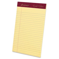 Ampad Gold Fibre Premium Jr. Legal Writing Pads - 50 Sheets - Watermark - Stapled/Glued - 0.28" Ruled - Ruled Margin - 16 lb Basis Weight - 5" x 8" - Canary Paper - Chipboard Backing, Bleed-free, Micro Perforated - 1 Dozen