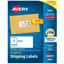 Avery® TrueBlock® Shipping Labels With Sure Feed® Technology, 8463, Rectangle, 2" x 4", White, Pack Of 1,000
