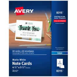 Avery® Printable Note Cards With Envelopes, 4.25" x 5.5", Matte White, 60 Blank Note Cards For Inkjet Printers