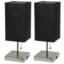 Simple Designs Petite Stick Lamps With USB Charging Port, Black Shade/Brushed Nickel Base, Set Of 2 Lamps
