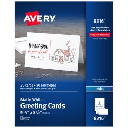 Avery® Printable Greeting Cards With Envelopes, Half-Fold, 5.5" x 8.5", Matte White, 30 Blank Greeting Cards
