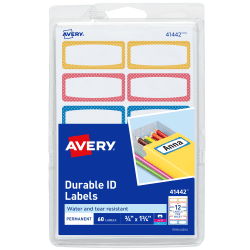 Avery® Durable Labels, 41442, Rectangle, 3/4" x 1-3/4", Assorted Border Colors, Pack Of 60