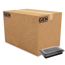 GEN Plastic Food Containers With Lids, 28 Oz, 2-1/16"H x 8-13/16"W x 6-1/16"D, Black/Clear, Pack Of 150 Containers